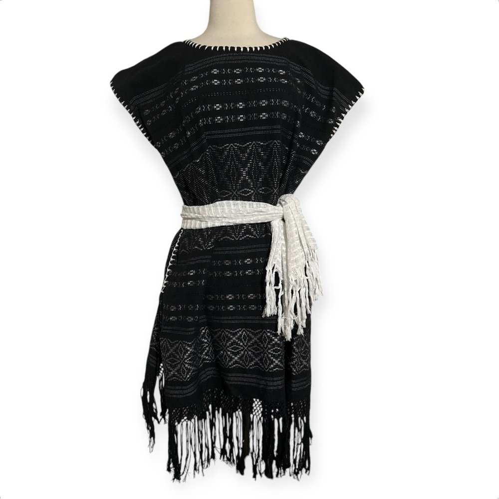 Traditional Huipil Black & White with‎ Fringe, Handwoven in Oaxaca, Mexico, OOAK